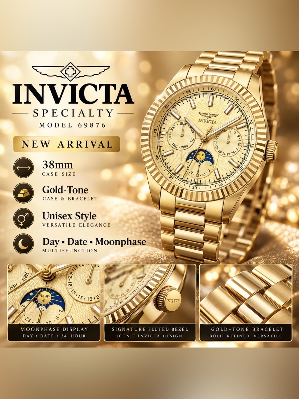 Invicta Gold-Tone Moonphase Day-Date Watch